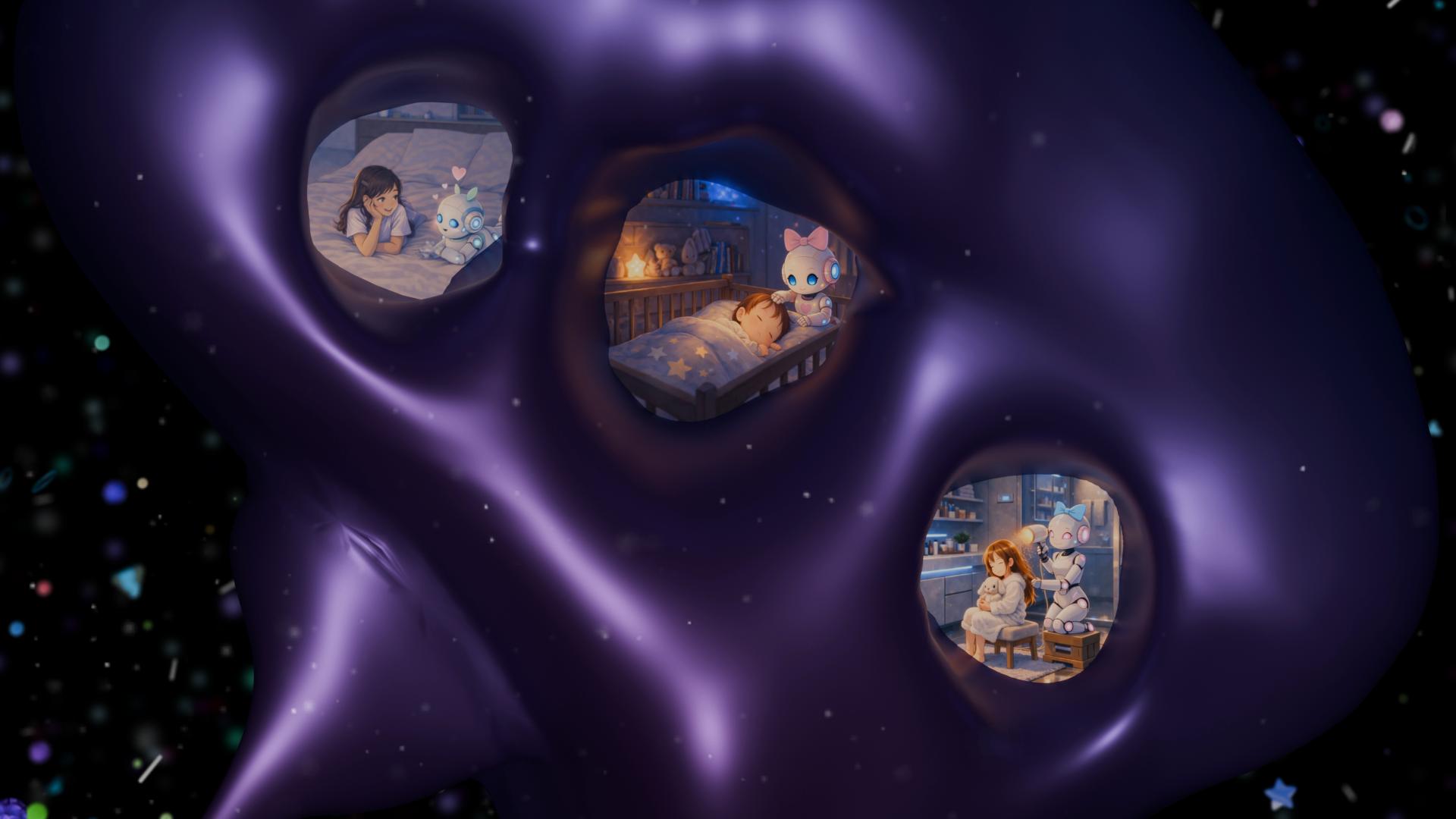 Life in the Future Tower with human and robot scenes inside glowing windows