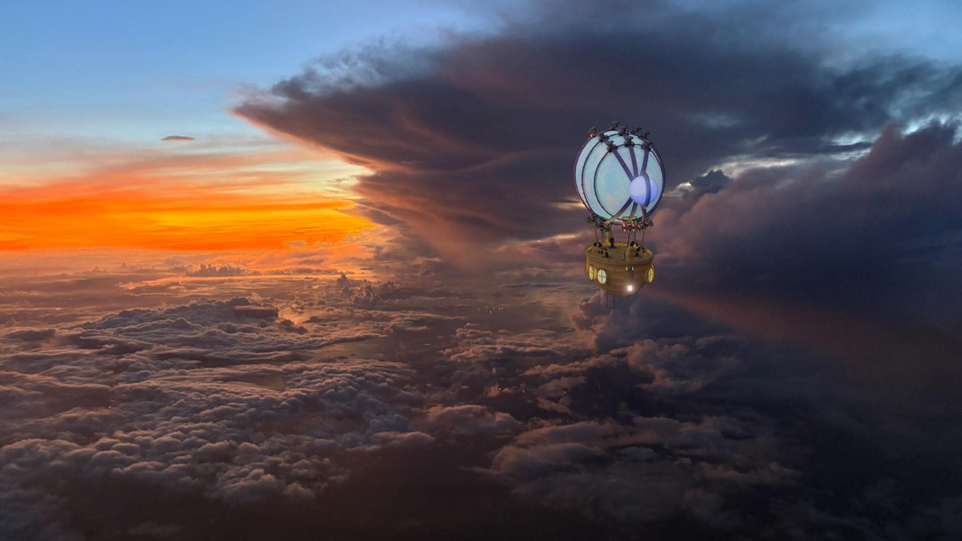 Sky Sailor airship drifting across a sunset sky