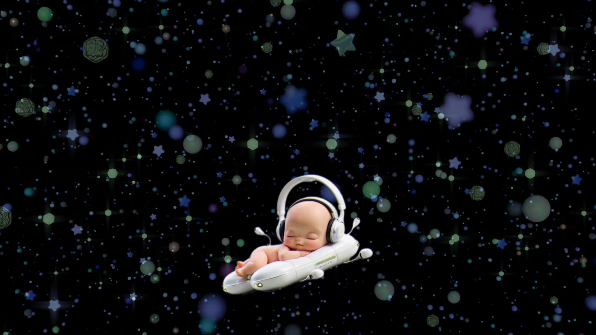 Sleeping baby floating through a colorful starry space
